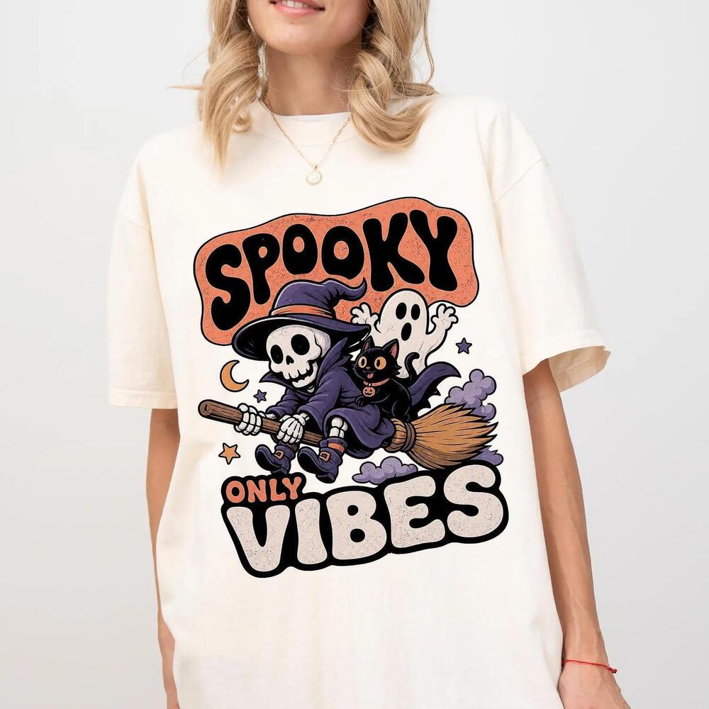 Spooky Vibes Only Shirt, Retro Witch Halloween Tshirt, Skeleton Witch